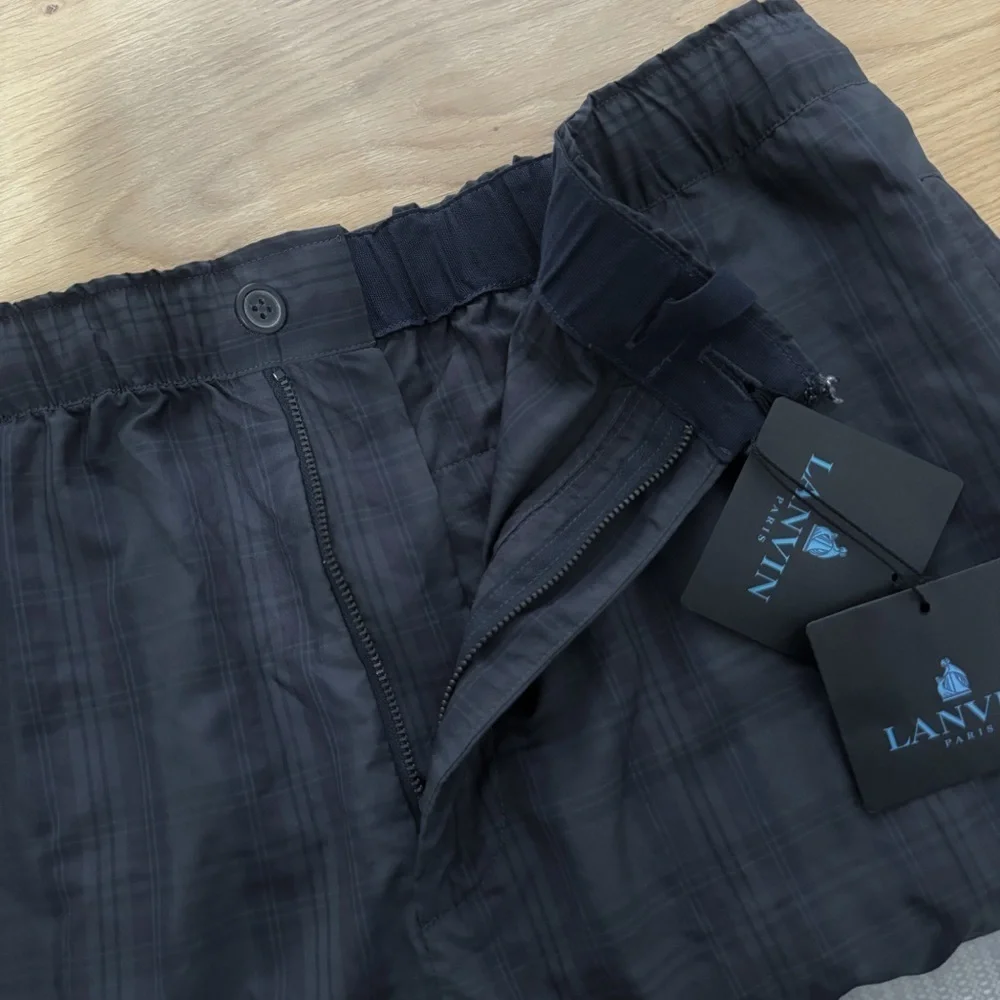 Lanvin Men’s Plaid Check Pants Lounge Elastic Waist Pockets Gray Navy Trousers